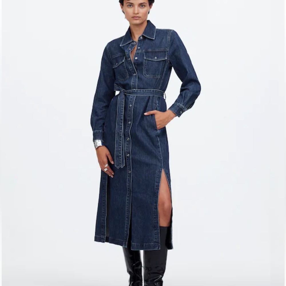 MADEWELL Denim Tie-Waist Midi Shirtdress‎ in Avenida Wash size Small No Belt
